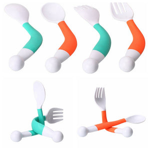 2Pcs/Set Flexible Baby Spoon+ Fork Adjustable Anti-Skid Handle Children Dishes Learning Kids Tableware